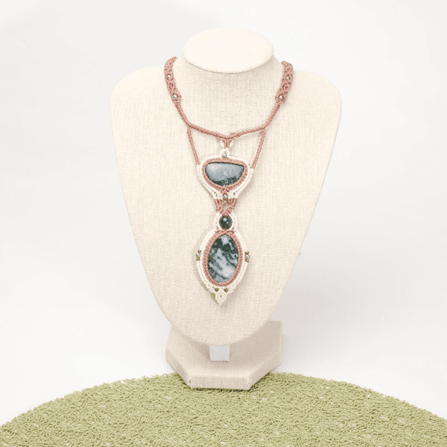 Collier Agate mousse verte double pierre